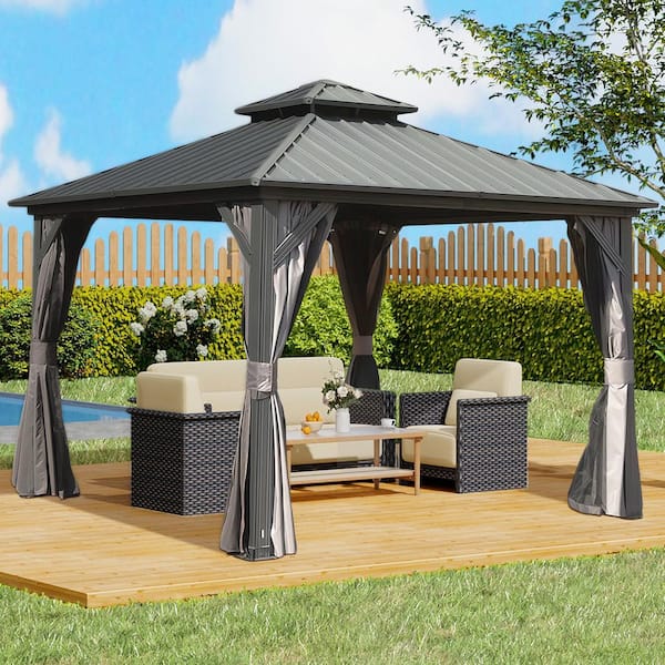 ToolCat 8 ft. x 8 ft. Gray Hardtop Gazebo, Aluminum Metal Gazebo with Galvanized Steel Double Roof Canopy, Curtain and Netting