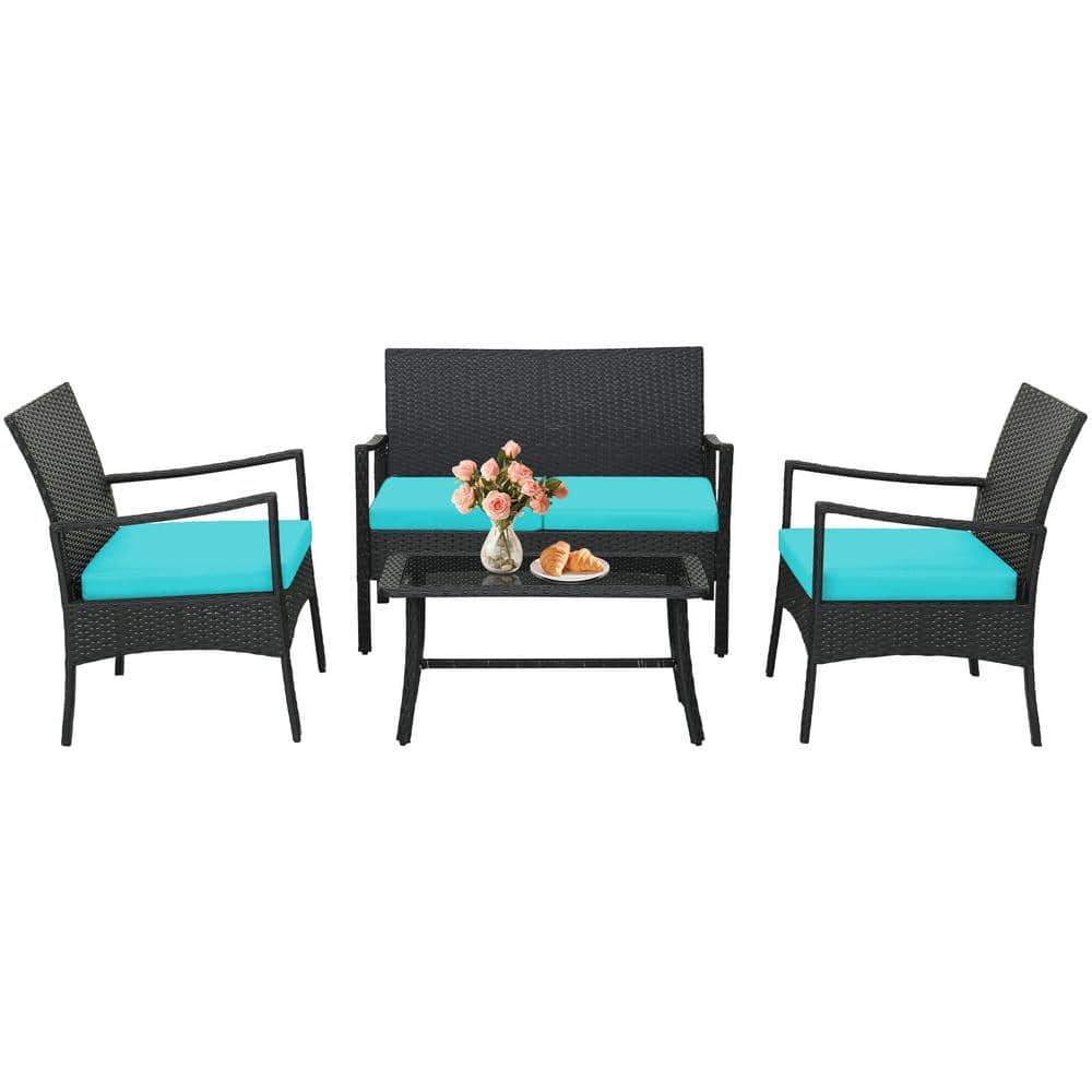 4-Piece PE Wicker Patio Conversation Set Rattan Sofa Chair with Turquoise Cushions Tempered Glass Coffee Table price history on PriceWatchPro