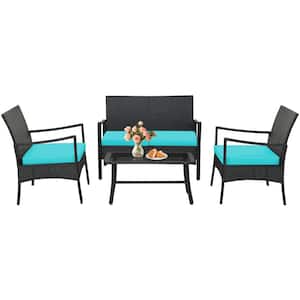 4-Piece PE Wicker Patio Conversation Set Rattan Sofa Chair with Turquoise Cushions Tempered Glass Coffee Table