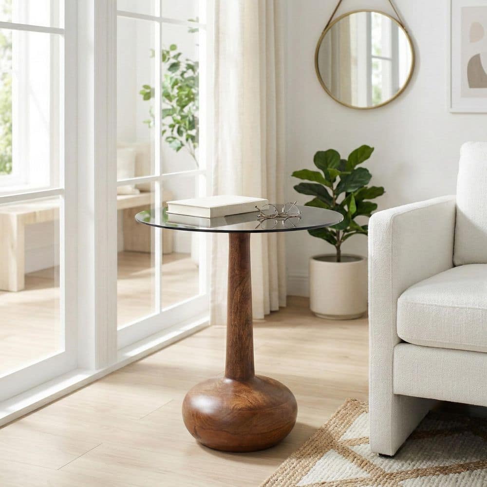 Brown 18 in. Round Smoke Glass Top Teardrop Accent Table