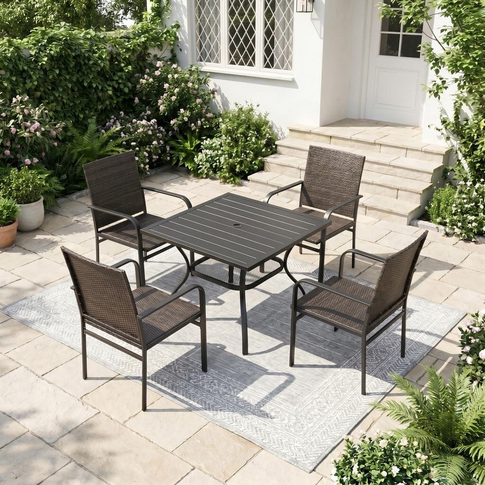 5-Piece Metal Outdoor Patio Dining Set with 37.8 in. Black Square Table and 4 Brown Rattan Stackable Dining Chairs price history on PriceWatchPro