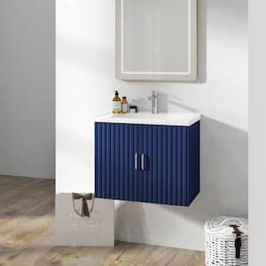 24 in. W Floating Wall Mounted Bath Vanity in Blue with White Ceramic Top