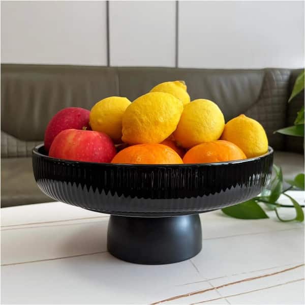 11 in. 68 oz. Ceramic Fruit Bowl for Bread, Candy, Snacks Organizer, Pedestal Bowl for Kitchen Counter Decor, Black