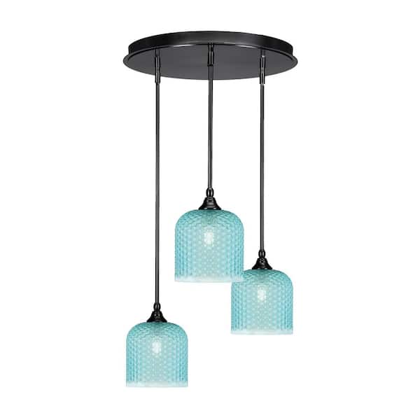Unbranded Villa 18.5 in. 3-Light Matte Black Cluster Pendant Light with 7 in. Turquiose Textured Glass Shades, no bulbs included