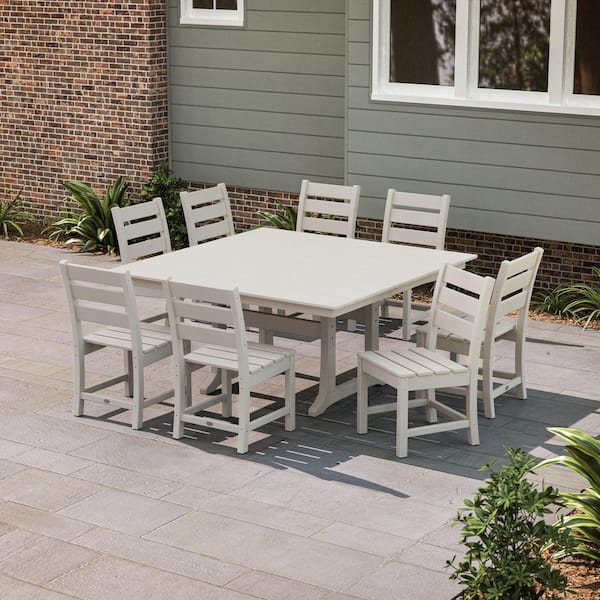 Grant Park Sand 9-Piece Farmhouse Trestle Plastic Square Outdoor Dining Set
