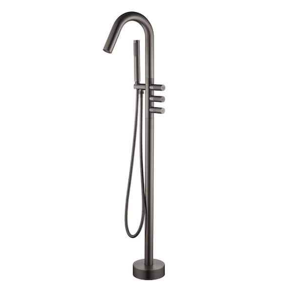 3-Handle 360° Spout Floor Mount Free Standing Claw Foot Tub Faucet with Hand Shower in Gun Gray