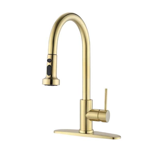 Single Handle in Brushed Gold Pull Down Sprayer Kitchen Faucet with Pull Out Spray Wand in Stainless Steel