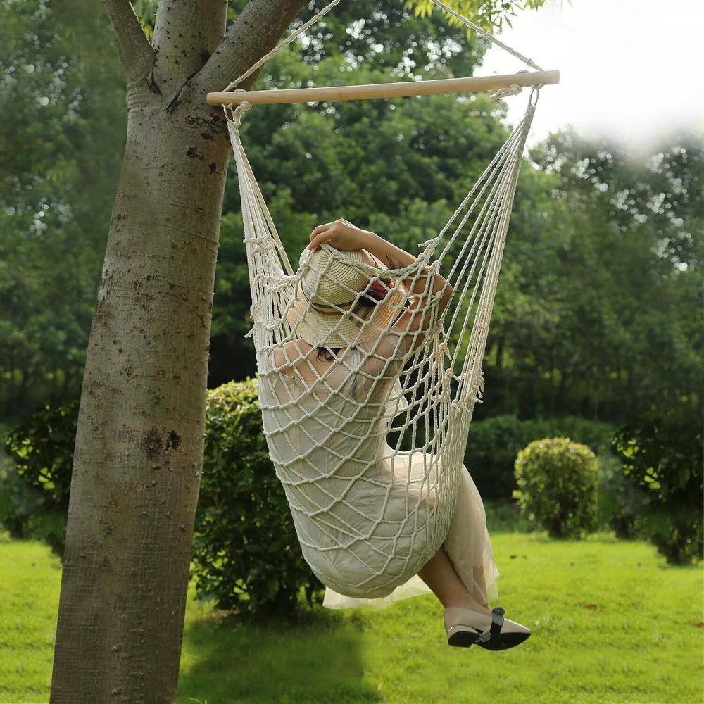 Beige Cotton Rope Portable Hanging Hammock Chair