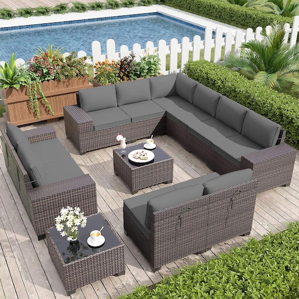 12-Piece Wicker Outdoor Sectional Set with Cushion Gray