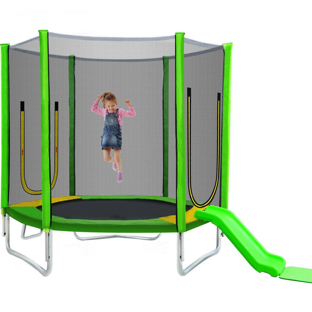 7 ft. Round Outdoor Recreational Trampoline with Safety Fence Net, Slide and Ladder, Easy to Assemble, Green