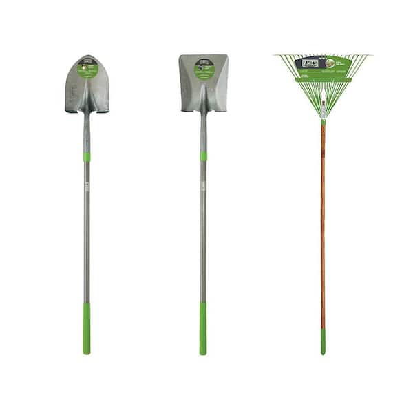 3-Piece Landscaping Tool Set-Round Point Shovel, Square Point Shovel & Steel Leaf Rake & Comfort Grip