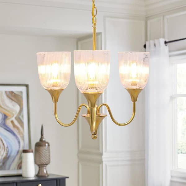 Sunpez 17.5 in. W, 3-Light Gold Chandeler Hanging Lighting Fixture with Glass Shaded for Kitchen Island, E26, No Bulbs Included