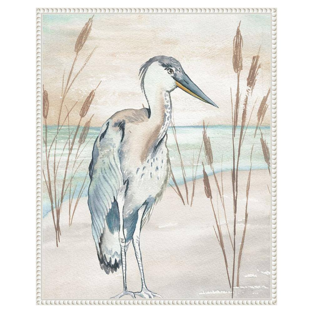 Heron by Beach Grass Nautical Canvas Framed Wall Art
