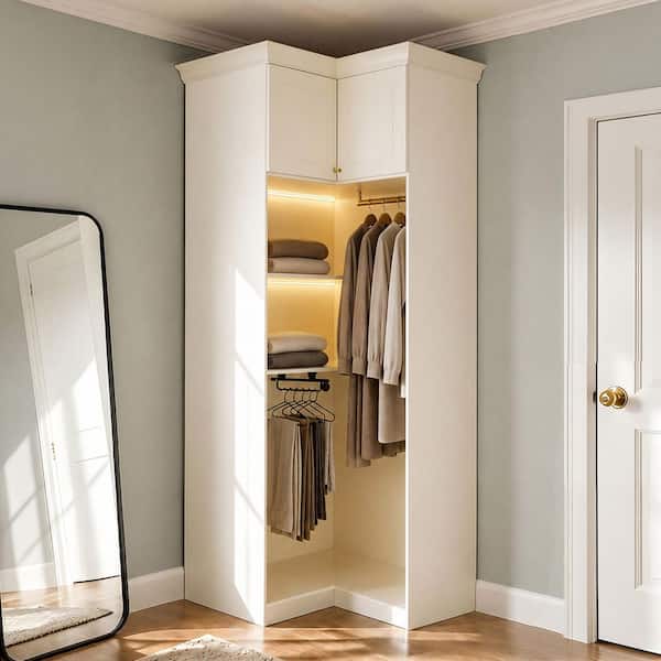 Cream Wood 39.4 in. Corner Armoire with Top Cabinet Doors, Hanging Rod, Open Shelves and Top Storage