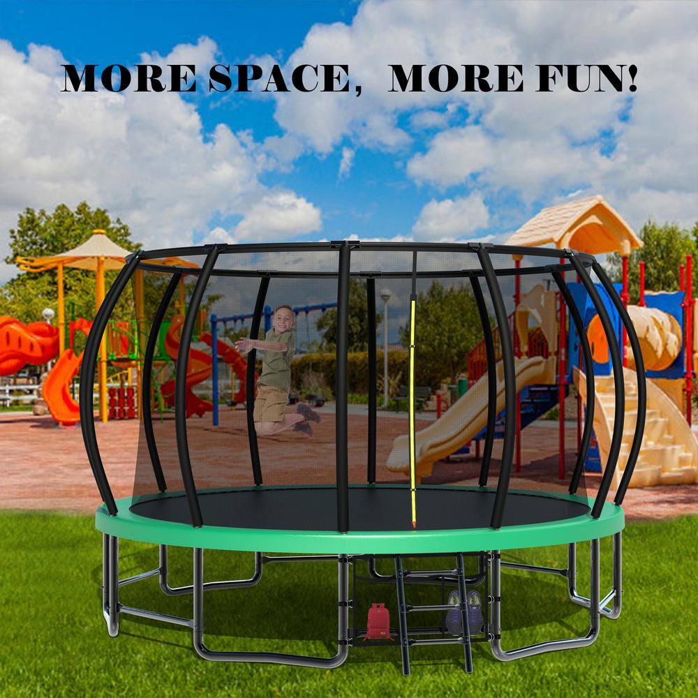 16FT Green Round Trampoline with Enclosure Net and Ladder
