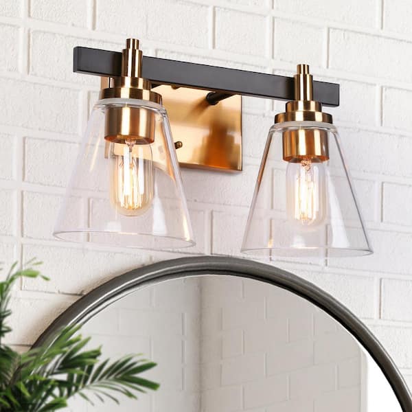 Zevni 14 in. 2-Light Brass Gold Bathroom Vanity Light, Cone Clear Glass Bath Lighting, Modern Black Indoor Wall Sconce