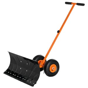 15.75 in. Metal Angle-Adjustable Handle Steel Heavy-Duty Snow Shovel Rolling Pusher w/29 in. Blade, 10 in. Wheels Orange