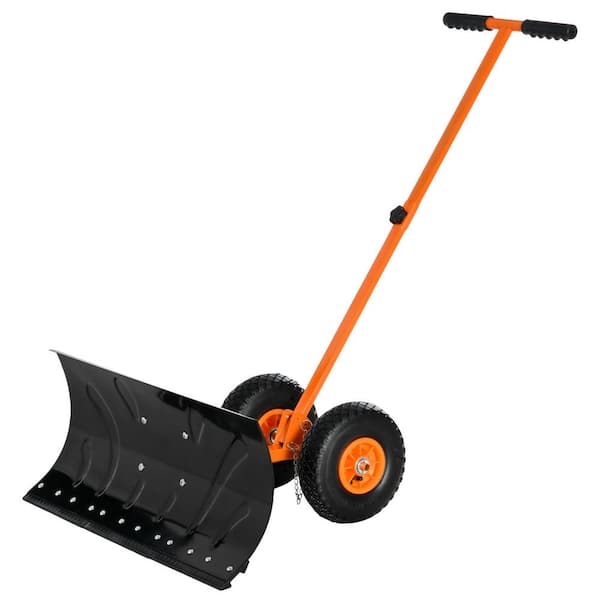 Outsunny 15.75 in. Metal Angle-Adjustable Handle Steel Heavy-Duty Snow Shovel Rolling Pusher w/29 in. Blade, 10 in. Wheels Orange