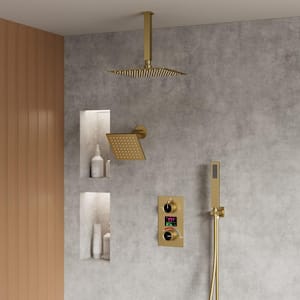 Single Handles 3-Spray Ceiling Mount 12 and 6 in. Shower Head Shower Faucet 2.5 GPM with Anti Scald in. Brushed Gold