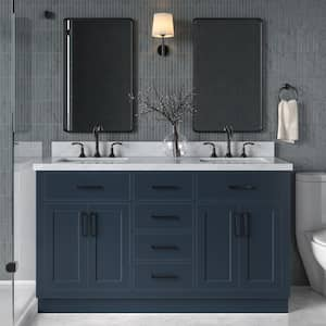 Hepburn 61 in. W x 22 in. D x 36 in. H Bath Vanity in Midnight Blue with Carrara Marble Vanity Top with White Basins