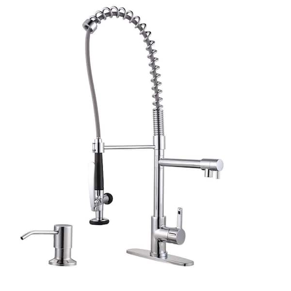 28.7 in. Single Handle Spring Pull Down Sprayer Kitchen Faucet with 2 x 360° Swivel Spout and Soap Dispenser in Chrome