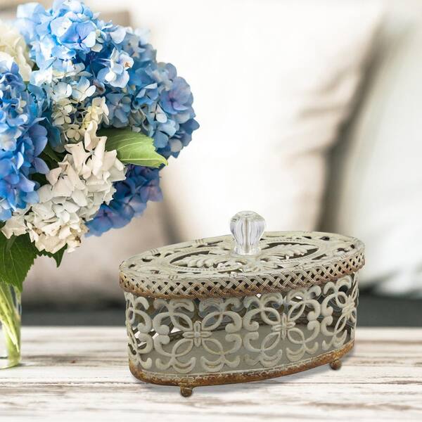 Stonebriar Collection 8 in. x 5 in. Metal and Plastic Decorative Openwork Box with Lid and Crystal Knob