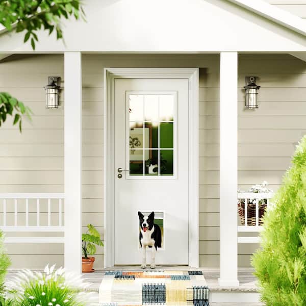 36 in. x 80 in. 9 Lite, Universal, Clear Glass, White Primed Wood Front Door Slab with Large Pet Door