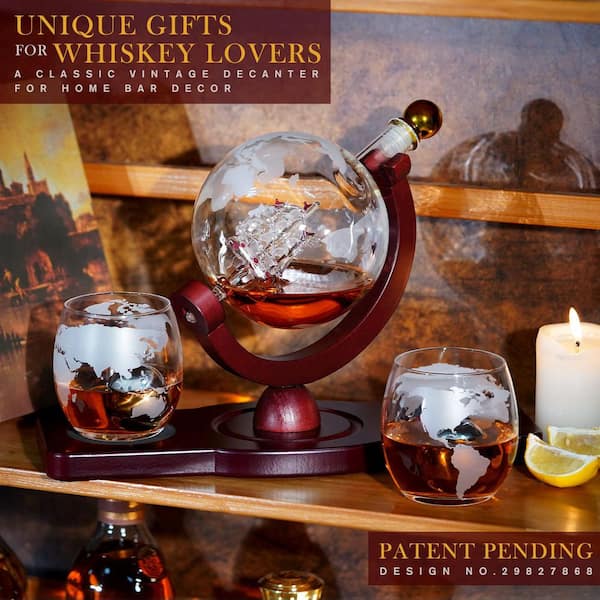 28 oz. Glass Globe Whiskey Decanter Set with 2-Glasses, Unique Christmas Gift for Whiskey Lovers, Boyfriend