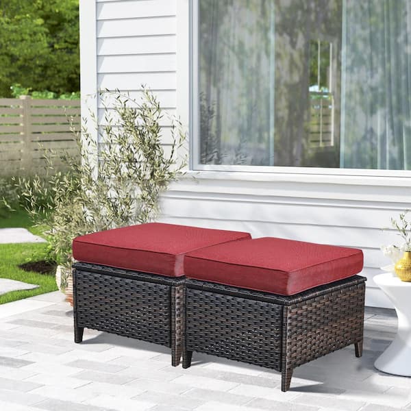 Opohoro Brown Wicker Outdoor Ottoman, All-Weather Patio Ottomans (Set of 2) PE Wicker Steel Frame with Red Cushions (2-Pack)