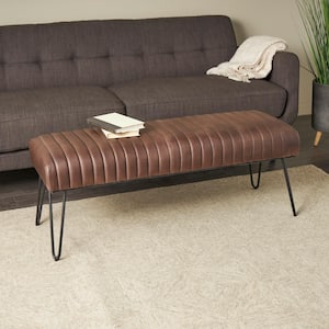 Dark Brown Upholstered Bedroom Bench with Linear Tufted Panels and Black Metal Hairpin Legs 18 in. x 47 in. x 17 in.