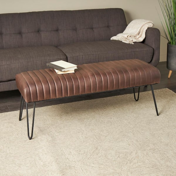 Litton Lane Dark Brown Upholstered Bedroom Bench with Linear Tufted Panels and Black Metal Hairpin Legs 18 in. x 47 in. x 17 in.