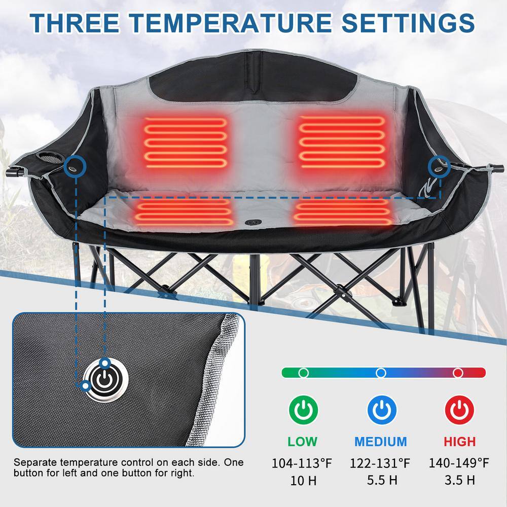 XXXL Heated Double Black Gray Steel Camping Chair with Cushions