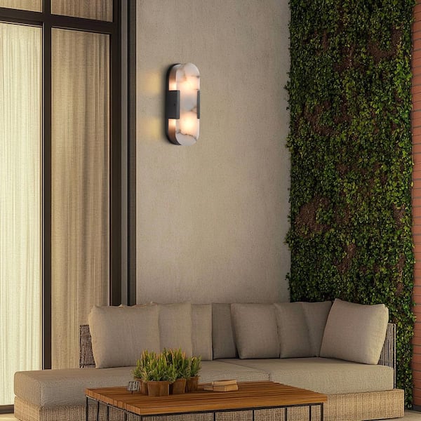 14 in. 2-Lights Black LED Wall Sconce, Natural Alabaster Modern Wall Light for Bedroom, Bathroom, Living Room(Set of 2)