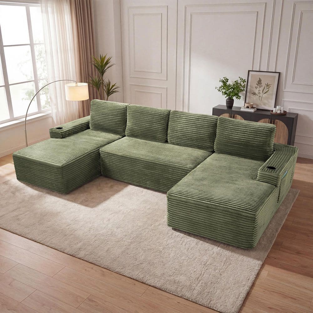 Cordova 133.4 in. U-Shaped Corduroy Sectional Sofa with Double Chaise and Cup Holders in Sage Green price history on PriceWatchPro