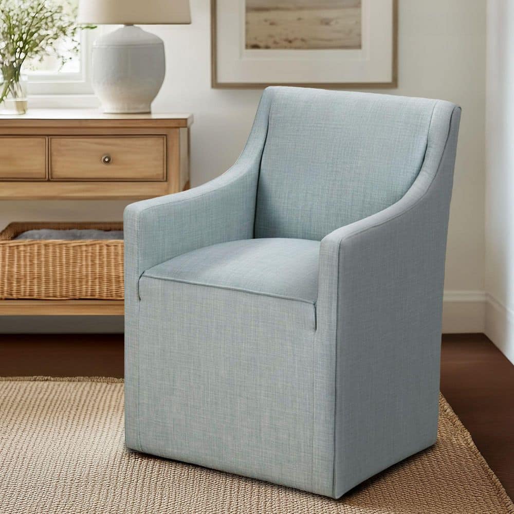 Blue Upholstered Skirted Dining Arm Chair with Casters