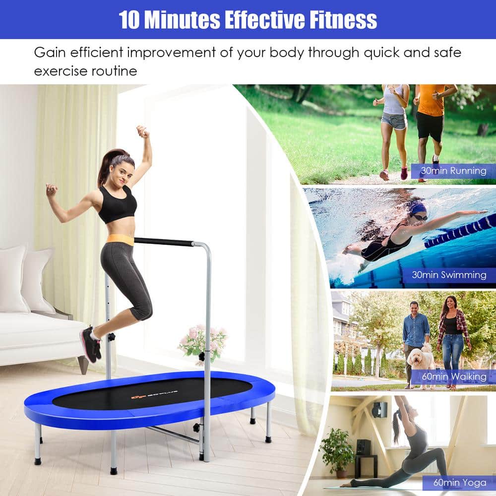 Blue Oval Foldable Fitness Trampoline with Adjustable Handrail