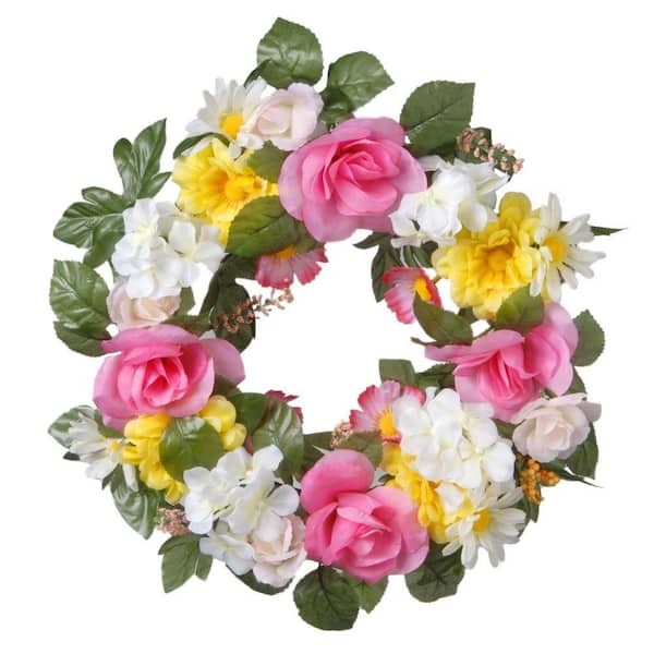 National Tree Company 18 in. Artificial Decorated Wreath with Roses and Daisies