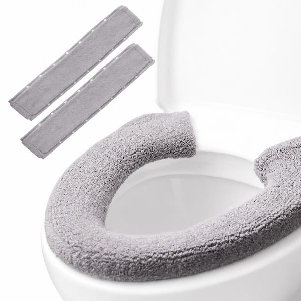 2-Pack Plush Acrylic Washable Stretch Snap-Closure Toilet Seat Cover Pads in Light Gray Neutral