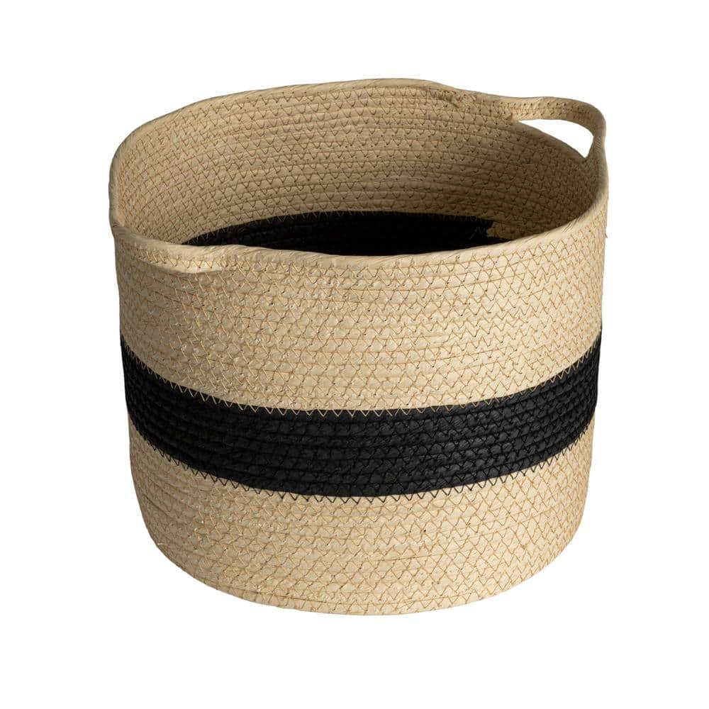 HOUSEHOLD ESSENTIALS Natural with Black Stripe Round Handwoven Paper Rope Decorative Basket and Handles