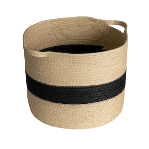 Natural with Black Stripe Round Handwoven Paper Rope Decorative Basket and Handles