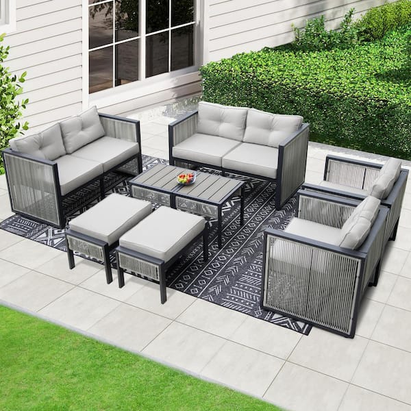 FINCATI 8-Pieces PE Wicker Outdoor Patio Sectional Set with Gray Cushions, 2 Ottomans and 2 Side Tables