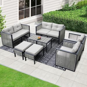 8-Pieces PE Wicker Outdoor Patio Sectional Set with Gray Cushions, 2 Ottomans and 2 Side Tables