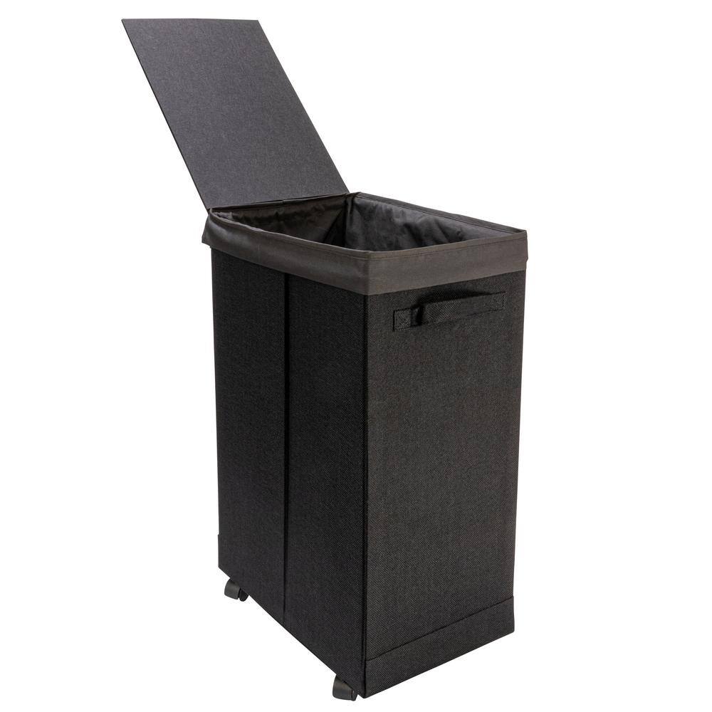Black Collapsible Polylinen Laundry Hamper with Wheels and Lid