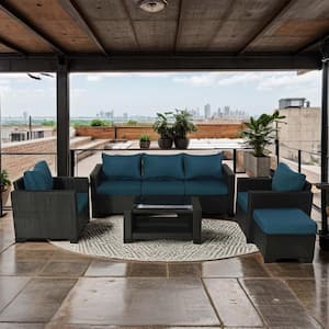 7-Piece Wicker Outdoor Sectional Set with Teal Cushions