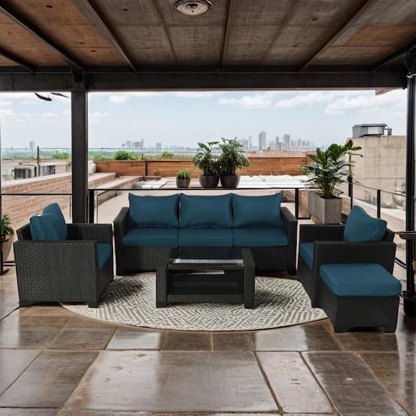 Tenleaf 7-Piece Wicker Outdoor Sectional Set with Teal Cushions