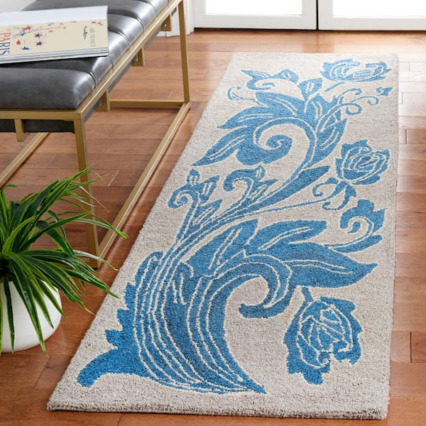 Abstract Beige/Blue 2 ft. x 8 ft. Border Floral Runner Rug