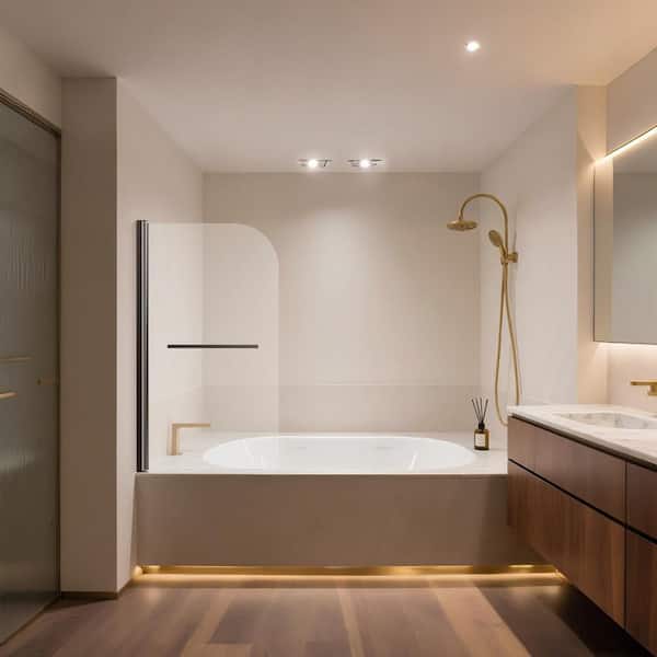 Jasmie 31" W x 55" H Shower Tub Door Frameless Pivot Tub Door in Matte Black with 1/4" Tempered Clear Glass 180 Pivot Degree