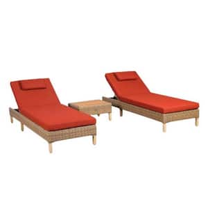 3-Piece Orange Wicker Outdoor Chaise Lounge Set with Cushion Guard Orange Cushions 5-Adjustable Backrest Positions