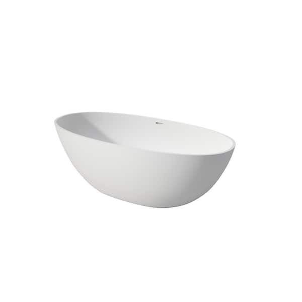 65.00 in. x 29.50 in. Flat Bottom Solid Surface Freestanding Soaking Bathtub with Center Drain in Matte White