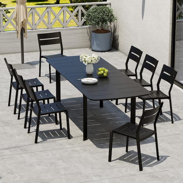Crestlive Products Black 9-Piece Aluminum Outdoor Dining Set with 94.5 in. Extension and Stackable Chair